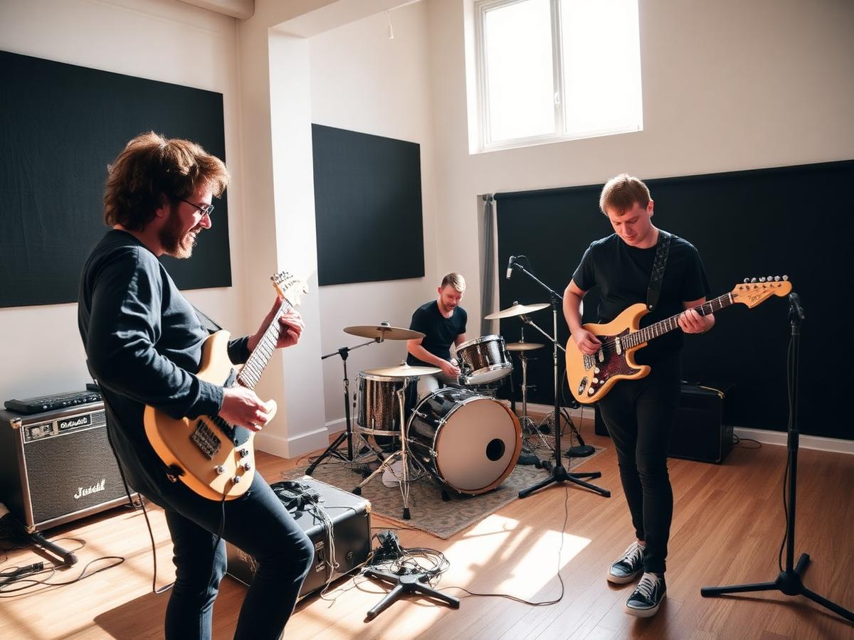 Band aan het repeteren in de lichte studio van BEMA