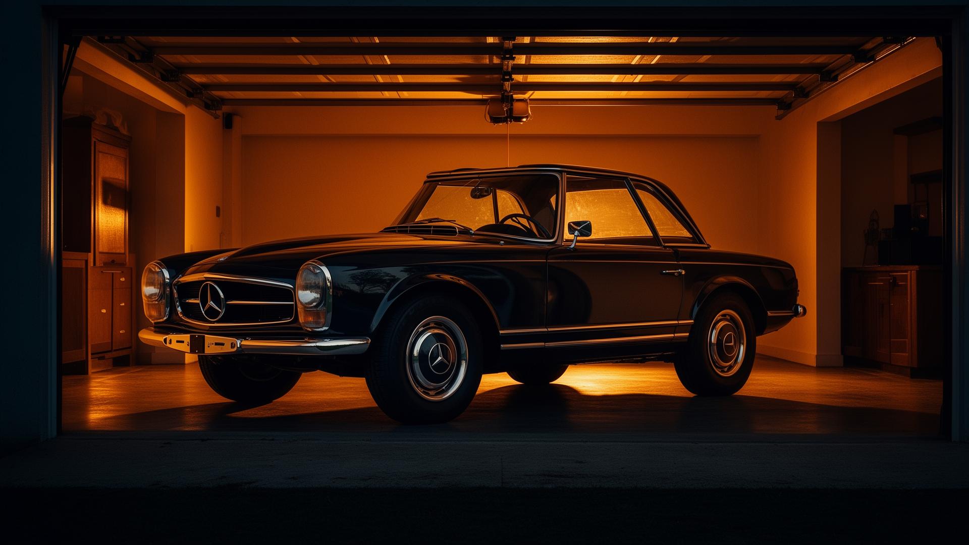 Klassieke Mercedes-Benz 280 SL in een sfeervolle garage