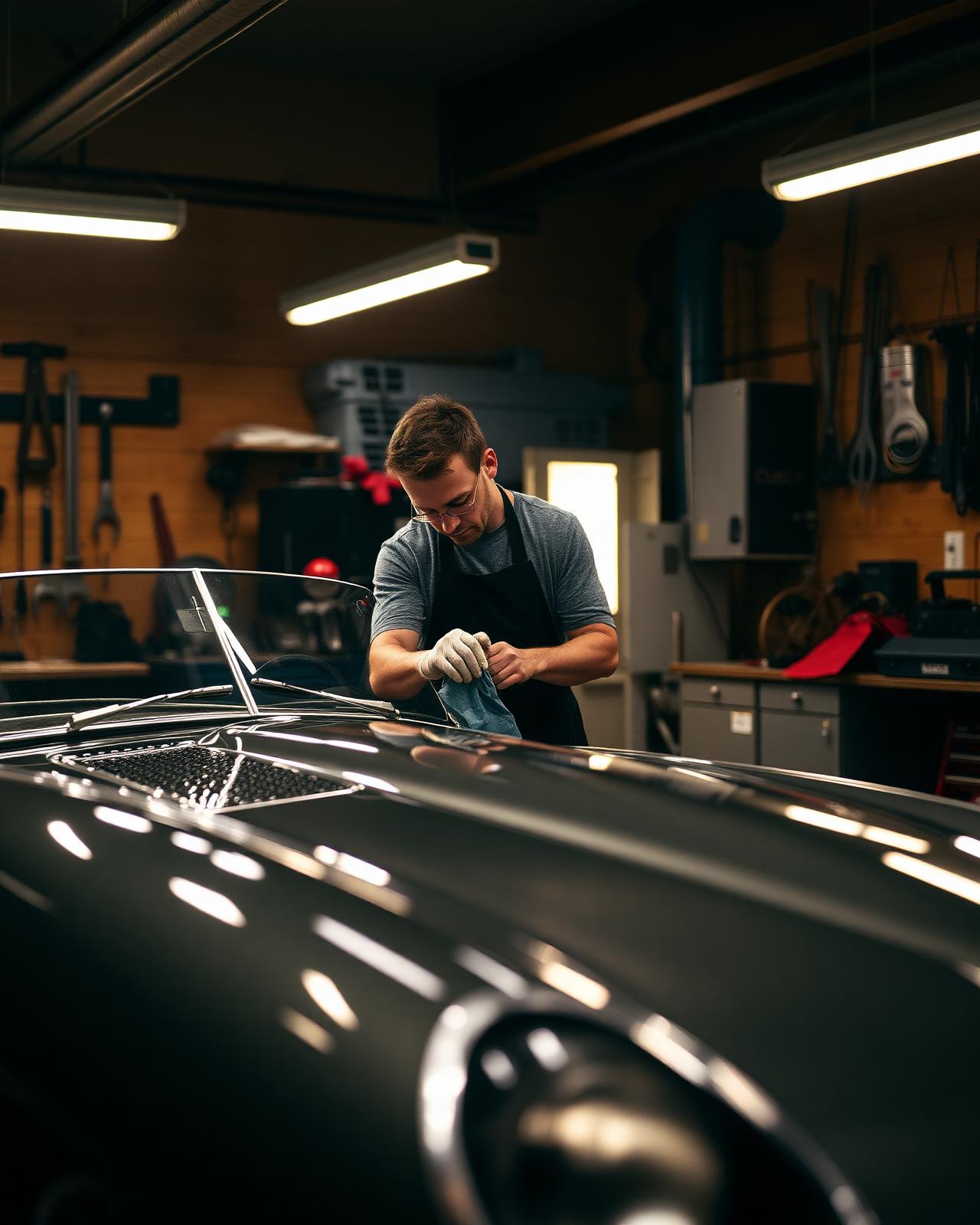Vakman poetst chroom op een klassieke Jaguar in onze werkplaats